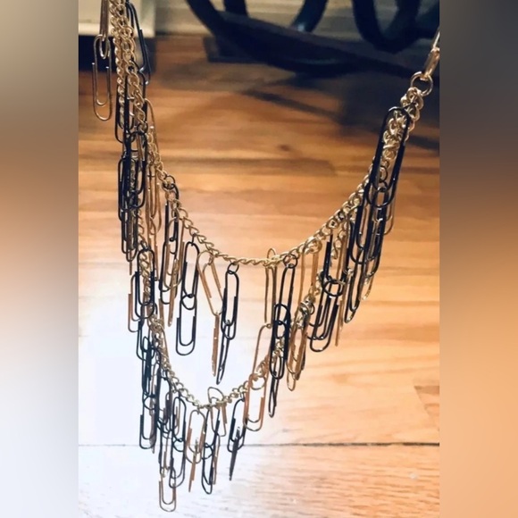 Amrita Singh Paper Clip Gunmetal Gold Punk Rock Tier Layer MultiStrand Necklace - Picture 2 of 6